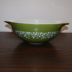 Crazy Daisy Olive Avocado Green CORNING NY USA PYREX Large Mixing Bowl Vintage